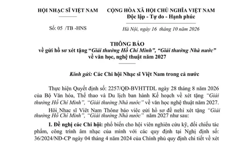 THÔNG BÁO về gửi hồ sơ xét tặng “Giải thưởng Hồ Chí Minh”, “Giải thưởng Nhà nước” về văn học, nghệ thuật năm 2027