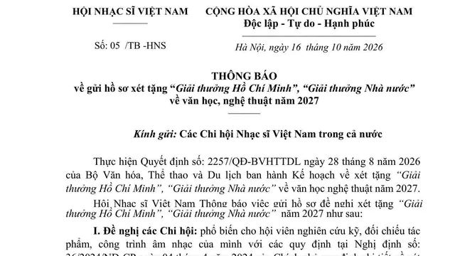 THÔNG BÁO về gửi hồ sơ xét tặng “Giải thưởng Hồ Chí Minh”, “Giải thưởng Nhà nước” về văn học, nghệ thuật năm 2027